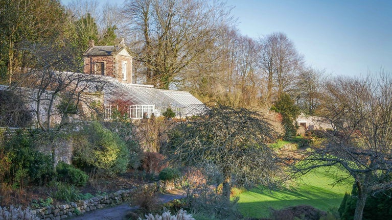 An elevated view of the Walled Garden at Wallington, Northumberland, on a frosty winter's day